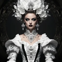 full body portrait of "A rococopunk women in striking dark and white, exuding opulence and edginess in equal measure. The extravagant costume features intricate lace details and exaggerated ruffles, accented with metallic embellishments that catch the light. This stunning depiction is a digital art piece that showcases the fusion of rococo aesthetics with punk elements. The image is impeccably detailed and richly colored, immersing viewers in a world of luxurious decadence and rebellious spirit