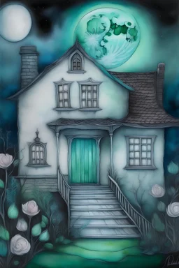 The moon rose over the house, where the cats were quietly sleeping. oil pastels misty nostalgic metallic colors luminescent Orchids normal body morphology magical realist pale blue green eyes opalescent. Nicoletta ceccola