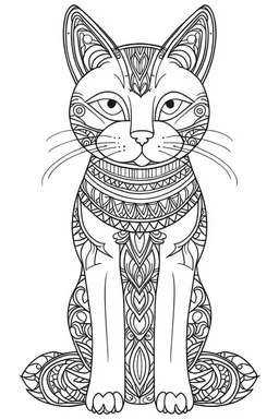 A simple coloring book page drawing with only thick black lines on a white background of a full length body of a kitten mandala of the cat breed FLAT-HEADED CAT with one tail in the minimalist style. No shading. No gray. No shadows. No color. This coloring book page would appeal to children aged sixteen through adults and have clean lines for a design that is easy to color. Style raw. Aspect ratio 9:11