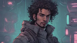 Personnage de science-fiction homme de haute qualité Portrait d'un pirate de l'espace aux cheveux bouclés. Illustré dans le style de cyberpunk