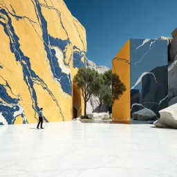 Un'immagine di un paesaggio naturale surreale con pareti di marmo giallo e blu scuro, imponenti, accanto a strutture artificiali. Queste strutture sono blocchi rettangolari riflettenti, che creano un contrasto tra il naturale e l'artificiale. Elementi brutalisti enormi si ergono solitari. Persona osserva. bianco con venature e solchi. Alberi. La scena trasmette un senso di dialogo tra elementi organici. Dettagli degli specchi e delle rocce molto accentuati. Ampio pavimento di marmo. Cielo blu