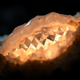 Professional ultra realistic macro photography of biomorphic crystal formation with magical internal luminescence, ivory organic tissue fused with obsidian crystal, soft subsurface scattering inside materials, visible internal caustic light paths, micro sparkle highlights, controlled studio macro lighting with diffusion dome + backlight for refraction glow, focus stacking, 100mm macro lens, 8k