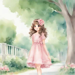 watercolor, full body, cute smile girl, curly hair, big eyes, long brown hair, pink dress, pink shoes, white backgrownd