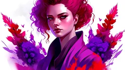 Art illustration, serious expression, crimson, heliotrope purple, purple mimosa,