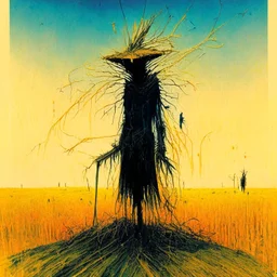 Liminal scarecrow revisionist history, lovecraftian reanimated straw gods filling the gaps in reality, by Dave McKean and Colin McCahon and Zdzilaw Beksinski, mind-bending pen illustration; warm colors, dynamic diagonal composition, album art, asymmetric, ethereal Norse rune dot and dash textures, dark shines war, complex contrast