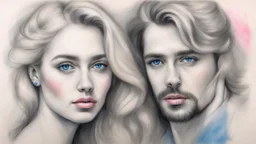 portrait of a man and a blonde woman, love, charcoal, pencil, pink lips, blue eyes, fine drawing, hand with a brush