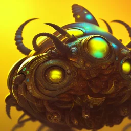 A beautiful portrait of a cyborg crab yellow color scheme, high key lighting, volumetric light high details psychedelic background