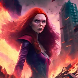 Wanda Maximoff, mulher, jovem, cabelos ruivos, olhos vermelhos, raiva, corpo inteiro, fundo cidade destruída, cores brilhantes, de lado destruindo algo com sua magia vermelha, traje da feiticeira escarlate, dramatico, 4k render, imagem cinematográfica. Cores frias, magia em suas mãos, magia vermelha claro