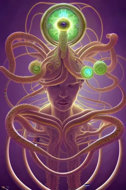 Spiritual being with Tentacles over human Head creating reality around, wrapping Tentacles around Human, Dimethyltryptamine