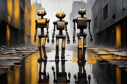 urban decay, a rusty, oil-stained (retrofitted:1.8) robot couple walking, great verticals, great parallels, amazing reflections, hard edge, colors of metallic grey and obsidian black and warm yellow, dramatic