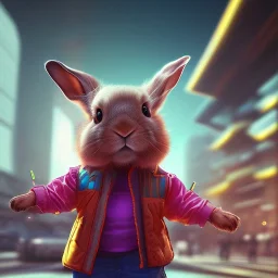 stylized Rabbit toddler, smiling, cyberpunk headphone, sunglass, gangsta gold neckless, full body, magenta puffer jacket, manila city backdrop, dramatic lighting, hyper realistic, unreal engine 5, 16k