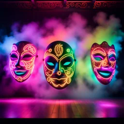 Hyper Realistic Photographic-View of 2-Neon-Lighting-Comedy-Masks-Floating On A Cultural Stage with Cultural-Celebration & Cultural-Ornaments Wall Background With Fog showing Cinematic & Dramatic Ambiance.