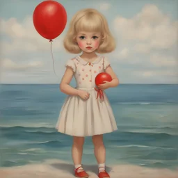 1960s, blond Little girl , in the style of Margaret Keane, she is standing on a red balloon over the sea