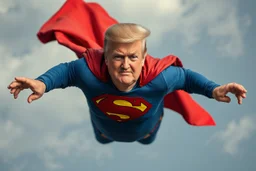 a thoroughly confused, frail, elderly and obese donald trump flying through the air dressed as superman