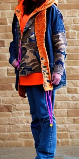 Brunette woman. average body type, think thighs and thick calves. Mantle is sewed of recycled Denim and sewed together of camouflage pieces. Printed camouflage figures are orange,terracotta, cream and purple. It is with big bright purple felt tippet and cream-colored-hood. mantle is merged with satchel. . AKG-style headphones (gold rings!) is merged with small felt cap with small visor. Style: Haute Couture in 1936, Paris fashion in 2023, inspired by street art. Cream latex gaiter.