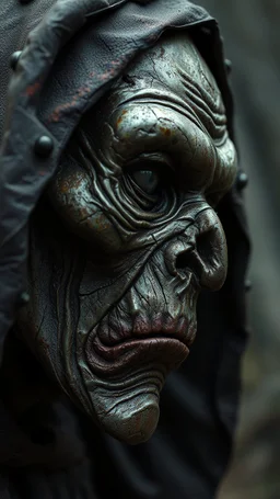 Busch painting style nightmare, a zoomed side view of a witch by his face skin is a rusted broken metallic skin texture in a 3d rendering full-height image of a grim and dark scene. Ensure the final images exhibit the utmost quality, encompassing 4K, 8K, and 64K resolutions, with 3D rendering that manifests in photorealistic, hyperrealistic, and highly detailed representations. Employ techniques such as HDR, UHD,