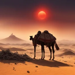As the sun dipped below the horizon, casting a crimson glow over the desolate desert landscape, a strange sight caught the eye of the lone Bedouin traveler and his trusty camel. In the distance, amidst the swirling dust and debris of the post-apocalyptic world, a massive Tortuga made of spacecraft carcasses loomed like a ghostly apparition.