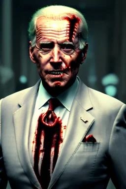 Ultra realistic image, joe biden zombie, zombie performance, suit, skull, blood, torn arm, night, walking twisted, waist up view, thriller style, dark ambient, highly detailed, White House background, concept art, unreal engine 5, ray tracing, RTX, ultra detail, volumetric lighting, high definition, high resolution.