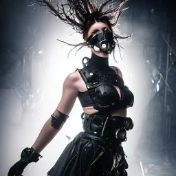 portrait of beautiful woman wearing ultra cyberpunk dystopian fashion, breathing mask, leather, tattered skirt, tubes and wires, stunning, mist and fog, 8k, high-quality, ultra-fine detail, Brian Froud, Howard Lyon, Anna Dittman, Anne Stokes, Selina French, Greg Rutowski