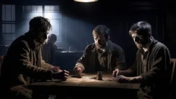 4 men zombies in adark room and spot light on table