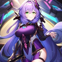 Clear focus,High resolution,High quality, Smiling, Purple long fluffy hair, Green eyes, Wearing a pink mech uniform, Honkai Impact Star Rail