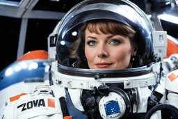 (high res photo by Jean-Claude Mézières) Zova, Space 1999, she is piloting the shuttle: view from the outside