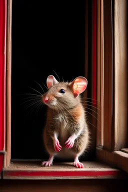 Photographically, a mouse is seen standing outside a window in a Tirai style.