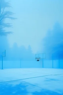 A pale blue basketball field in the foggy sky painted by Andy Warhol
