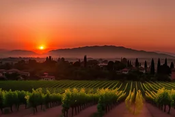 Vendimia de viñedos al atardecer con un pueblo al fondo, fotografía real, foto periodismo, fotografía realizada con una cámara Leica y un objetivo de 50mm