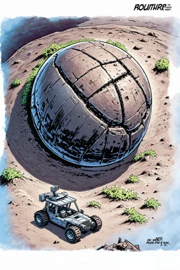 High-altitude lunar reconnaissance satellite image of a young impact crater with larger regolith along right ride. A massive damaged metallic alien sphere with fracture lines like an egg. organic growth across regolith and up crater walls. Along the lower frame edge a small modern bare-bones lunar-vehicle sits near the rim with visible wheel tracks. comic page pencils
