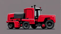 side of a tractor(red) with black wheels and closed cab, smooth vector clipart