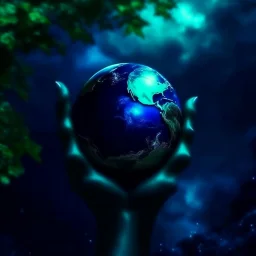 promise the world, dark green and blue colors, without hands, fantasy atmosphere, photo quality