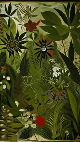 An olive green jungle with bugs painted by Pablo Picasso