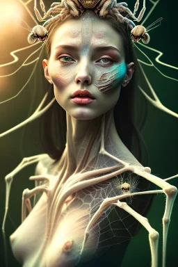 portrait photography of ethereal beauty as spider goddess, 8K, Portrait of a woman by Michelangelo, close-up face, anatomically perfect face, a sunny atmosphere, Pine tree roots, clean face