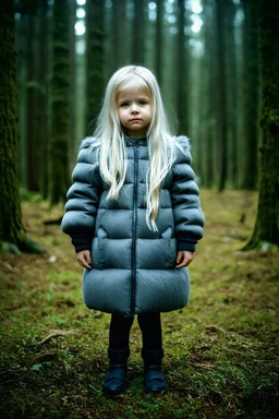 Petite fille, cheveux blond platine longs, énorme doudoune grise jusquaux pieds, dans la forêt, autochrome