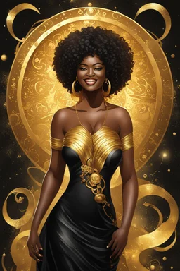 Create a expressionism art image of an astrological sign of Leo shinning. A curvy african female looking at the symbol with a smile on her face. Prominent makeup with hazel eyes. High detailed curly tight black afro. She is wearing a gold maxi dress with no shoes