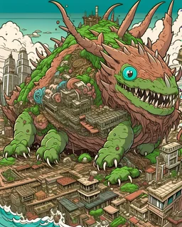 extremely detailed kuriboh as a kaiju monster destroying a city