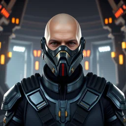 star wars bald male corellian jedi wearing gunmetal grey and black old republic armored flightsuit and breath mask with gold and metallic red trim inside the jedi temple, centered head and shoulders portrait, hyperdetailed, dynamic lighting, hyperdetailed background, 8k resolution, volumetric lighting, light skin, fully symmetric details