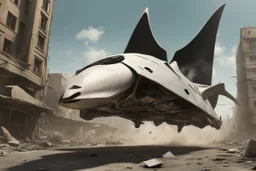 small, sleek, cargo spaceship, looking like a manta ray, landing on a destroyed alien street, photorealistic, highly detailed