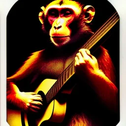 polaroid by albrecht durer of a monkey playing a guitar, 6 strings