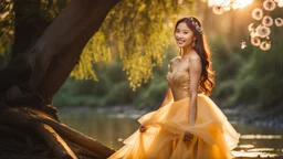 A gorgeous smiling Asian model in a fairy outfit in a wood with ancient trees, a small torrent and dandelion seeds in the air at sunset