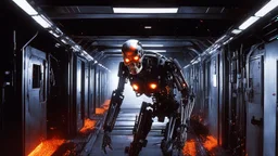 [The Terminator (1985) fighting a soldier] skeletal android with internal mechanisms and orange glowing eyes in blood soaked spaceship corridor