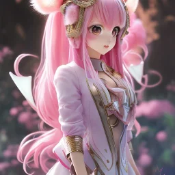 Detailed cute anime rabbit girl, pink hair buns, pink bangs, black latex bodysuit, intricate details, full body portrait, keep head in frame, slight smile, black Japanese motif, concept art, highly detailed, digital painting, concept art, sharp focus, illustration, art by Yoji Shinkawa, WLOP and greg rutkowski and alphonse mucha and artgerm and yanjun Chen and Junji ito and Makoto Shinkai, HDR, octane render