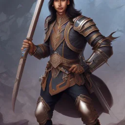 D&D character, male, long black hair, dark tan skin, artificer, holding gun, light armor, chain armor