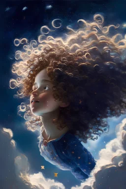 curly girl in the sky flying between the stars