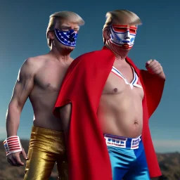 realistic image of donald trump as a mexican wrestling fighter posing outdoors, Mexican eyes wrestling mask, red and blue breeches, confederate flag cape, naked torso, retro style, 80s, vibrant color, highly detailed, sky background, concept art, unreal engine 5, god rays, ray tracing, RTX, lumen lighting, ultra detail, volumetric lighting, 3d, finely drawn, high definition, high resolution.