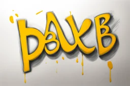 a drawing with sketch lead pencil, The word "BAXER" in yellow floating like a big sign, strong painting, strong expression, BAXER!, BAXER! write the word Baxer