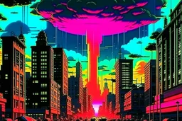 retro anime style, serius dark 1990s anime style, city, atomic mushroom cloud, synthwave