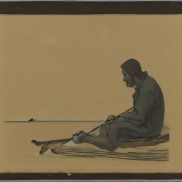 homme entrain de pêcher, vue éloigné et de coté, position assise