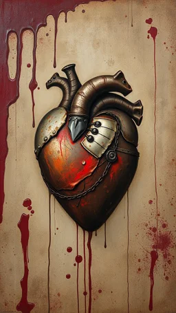 Bosch style painting , A rusty metallic heart in details on ted bloody background